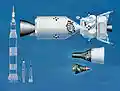 Drawings of Mercury, Gemini capsules and Apollo spacecraft, with their launch rockets