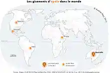 A map of the world displaying the countries where opal is most commonly found; Australia, Ethiopia, Brazil, Mexico and the United States of America are highlighted.