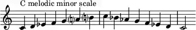 { \override Score.TimeSignature #'stencil = ##f \relative c' { \clef treble \time 7/4 c4^\markup { C melodic minor scale } d es f g a!? b!? c bes aes g f es d c2 } }