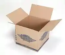 An empty cardboard box with the top closing flaps open