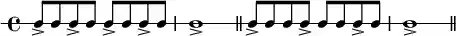 \new RhythmicStaff { \clef percussion \time 4/4 \set Score.tempoHideNote = ##t \tempo 4 = 100 c8-> c c-> c c-> c c-> c c1-> \bar "||" c8-> c c c-> c c c-> c c1-> \bar "||" }