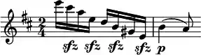 \relative c''' { \clef treble \time 2/4 \key d \major e16 cis\sfz a e\sfz d b\sfz gis e\sfz b'4\p( a8) }