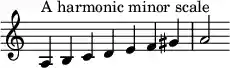 { \override Score.TimeSignature #'stencil = ##f \relative c' { \clef treble \time 7/4 a4^\markup { A harmonic minor scale } b c d e f gis a2 } }