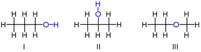 Structural isomers of C 3H 8O: I 1-propanol, II 2-propanol, III ethyl-methyl-ether.