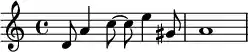 { \relative c' { \time 4/4 d8 a'4 c8~ c e4 gis,8 a1 } }