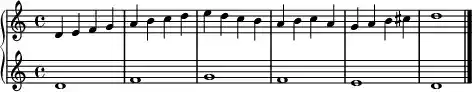 { #(set-global-staff-size 16) \relative c' { \new PianoStaff << \new Staff { d e f g a b c d e d c b a b c a g a b cis d1 \bar "|." } \new Staff { d,1 f g f e d } >> } }