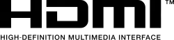 The HDMI logo with the acronym "HDMI" in a large font at the top with the unabbreviated term (High Definition Multimedia Interface) below in a smaller typeface. There is a trademark logo to the right of HDMI.