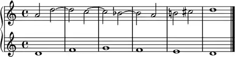 \relative c' { \new PianoStaff << \new Staff { \set Staff.explicitKeySignatureVisibility = #all-invisible a'2 d~ d c~ c bes~ \key d \minor bes a b cis d1 \bar "|." } \new Staff { d, f g f e d \bar "|." } >> }