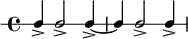 \new RhythmicStaff { \clef percussion \time 4/4 \set Score.tempoHideNote = ##t \tempo 4 = 100 c4-> c2-> c4->~ c c2-> c4-> }