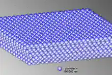 A diagram of an opal's molecular structure, showing small lilac spheres packed in misaligned sheets on top of each other. The legend shows that one sphere has a diameter of 150-300 nanometres.