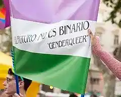 A genderqueer pride flag held aloft with the words "El Futuro No Es Binario - Genderqueer" written across it