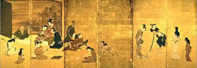 A folding screen painted with Japanese figures at play against a gold background