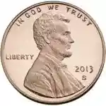 A 2013 one-cent coin from the United States (valued at 1/100 of a dollar), known colloquially as a penny.