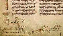 A drawing in the borders of a manuscript of an archer in a tower shooting at a horse-back rider