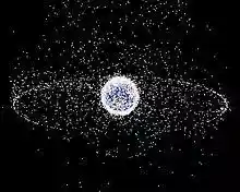 Earth from space, surrounded by small white dots
