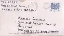 Picture of the front of an addressed envelope to Senator Daschle.