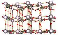 Ball and stick model of layered crystal structure containing two types of atoms.