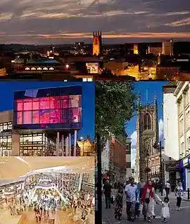 Derby Skyline and landmarks, clockwise from top left: Quad, Derby Cathedral, Derbion