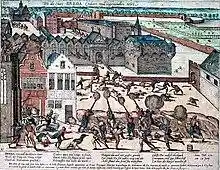 This colorized 17th century copperplate depicts the destruction, rape, and pillage of Breda: soldiers are killing men and women and the city is burning.