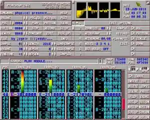 Screenshot of ProTracker 3.62, playing a module file called "physical presence" by artist Jogeir Liljedahl.