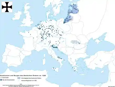 Map of the branches of the Teutonic Order in Europe around 1300 showing sovereign territory in the Baltic and the Grand Master's HQ in Venice