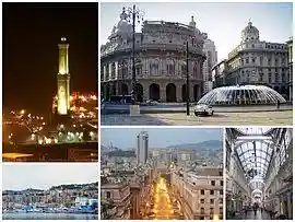 A collage of Genoa, clockwise from top left: Lighthouse of Genoa, Piazza De Ferrari, Galleria Mazzini, Brigata Liguria Street, view of San Teodoro from Port of Genoa