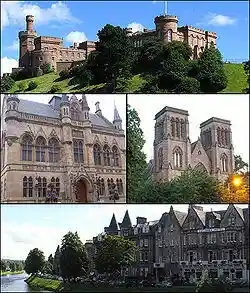 Clockwise from top: Inverness Castle, Inverness Cathedral, Ness Walk and Town House.