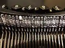 A picture of the mechanical construction of a typewriter, featuring the elements that make the letters.
