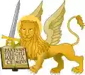 Part of Venice's coat of arms: a winged lion holding a sword upright and showing an opened book with the words: "Pax tibi, Marce, evangelista meus."