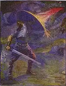 Beowulf, holding a sword, blocks a dragon's fire with his shield.