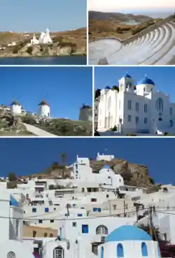 Clockwise from top: Church of Saint Irene, Odysseas Elytis Theatre, Cathedral Church Of Ios, Chora Hill, Windmills in Chora