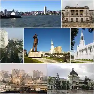 Clockwise, from top: Maputo skyline, Maputo City Hall, Our Lady of the Immaculate Conception Cathedral, Maputo Railway Station, Port Maputo, Avenida 24 de Julho, and the Samora Machel Statue in Independence Square