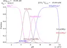 A graph of potential vs. pH showing stability regions of various uranium compounds
