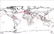 World map with red and blue lines