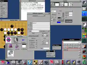 GNUstep screenshot, showing Window Maker and a variety of applications developed with the GNUstep libraries, including a gomoku game, calculator, and TextEdit.[1]
