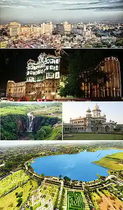 Clockwise from top: skyline of Mangal City area (Vijay Nagar), Rajwada Palace, Daly College, Atal Bihari Vajpayee Regional Park aerial view, Patalpani Waterfalls