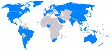 A map of the world showing countries which have relations with the Republic of China. Only a few small countries maintain diplomatic relations with the government of Taiwan, mainly in Central America, South America and Africa.