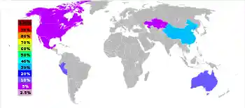 World map revealing that about 40% of zinc is produced in China, 20% in Australia, 20% in Peru, and 5% in US, Canada and Kazakhstan each.