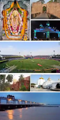 Clockwise from top left: idol of Cuttack Chandi Temple, Barbati Fort Gate, Welcome arch for Baliyatra, Barabati stadium, Baba Dhabaleshwar Mahadev Temple, A view of the Jobra barrage on Mahanadi River, Orissa High Court