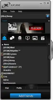 Screenshot of Xfire Client version 1.143, showing a list of buddies with the Phoenix skin