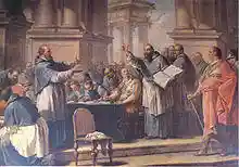 Painting of Augustine of Hippo arguing with a man before an audience