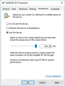ReadyBoost as it appears in Windows 10.