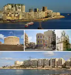 From top: Skyline in the Strand and Tigné Point, Fort Tigné, Lombard Bank building, Stella Maris Church, skyline in Tower Road