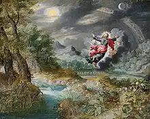 painting of dark gray skies with trees and water, and a human image, flying, with arms outstretched