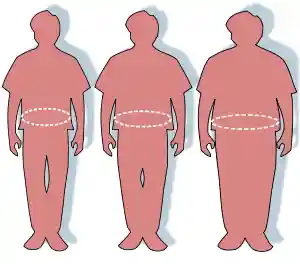 Three silhouettes depicting the outlines of an optimally sized (left), overweight (middle), and obese person (right).