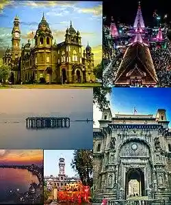 Famous Monuments of Kolhapur Clockwise from top: New Palace, Ambabai Mandir, Bhavani Mandap, Shalini Palace, Rankala tower, Sandhyamath