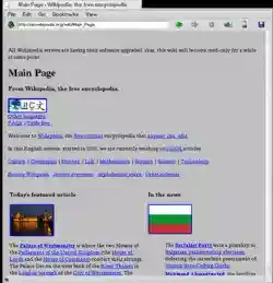 NetPositive 2.2 under BeOS R5 showing Wikipedia (no CSS support)
