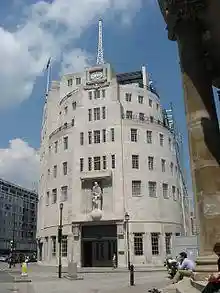 A photograph of Broadcasting House showing the art deco styling of the main façade, made from Portland stone