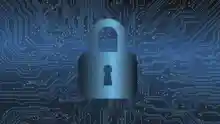 A padlock superimposed over a blue circuit board pattern.