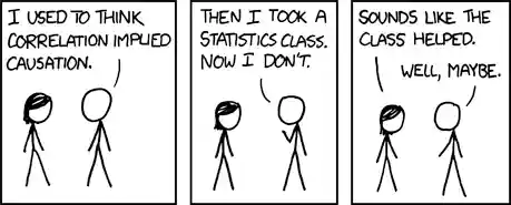 “Cueball: I used to think correlation implied causation. Then I took a statistics class. Now I don’t. Megan: Sounds like the class helped. Cueball: Well, maybe.”